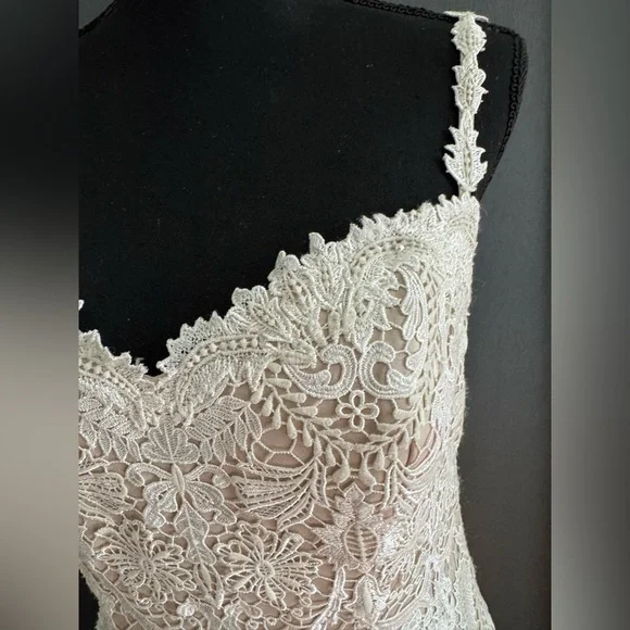Lillian West Cream/Nude SZ 12 Fitted Sheath Venice Lace Wedding Dress Style 6495 - Picture 6 of 16